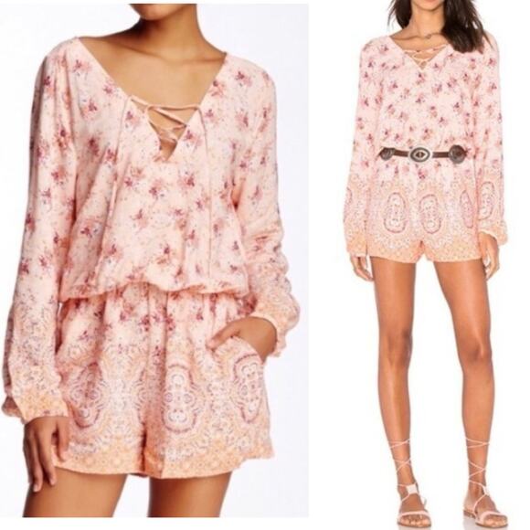 Sanctuary Lace-Up Romper S Pink Earthy Boho Soft Romantic Floral Paisley Pockets - Picture 1 of 14